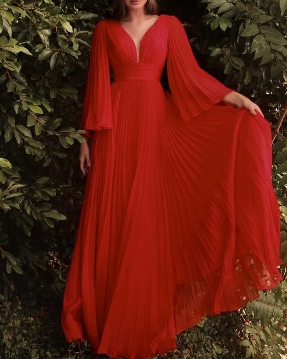 Pleated V-neck Chiffon Maxi Dress  