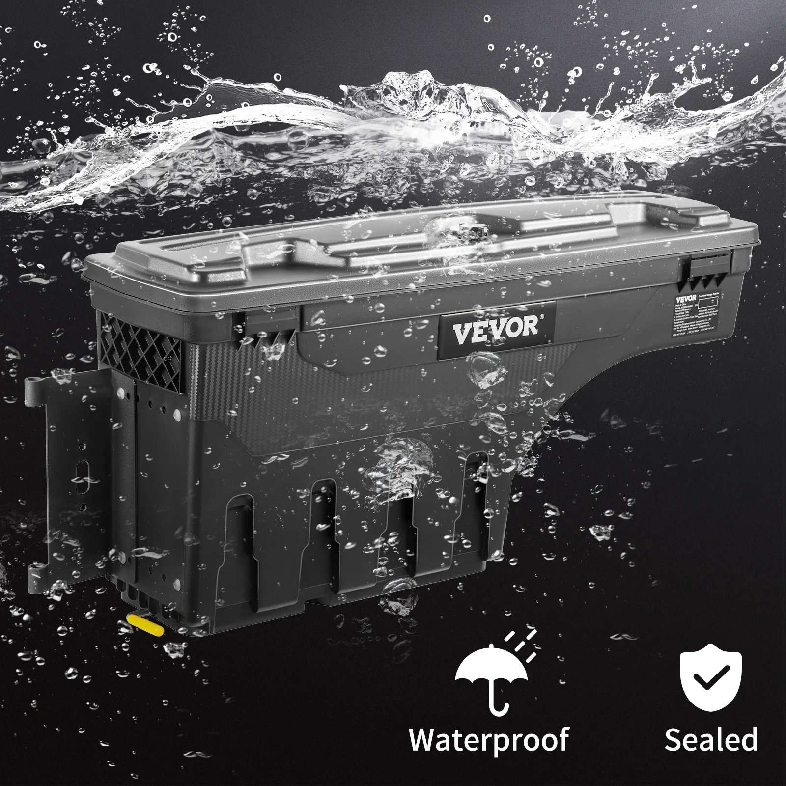 VEVOR truck bed storage box shown underwater with waterproof and sealed features displayed.