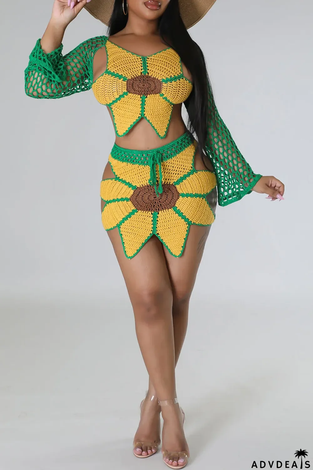 Green Yellow Sexy Solid Bandage Hollowed Out Patchwork Backless V Neck Long Sleeve Two Pieces