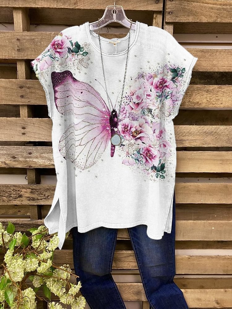 Women's Butterfly Print Casual Round Neck Short Sleeve-Mayoulove