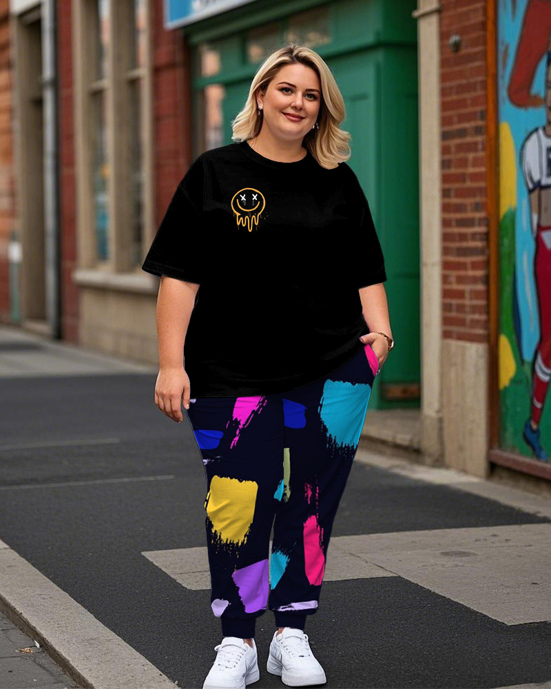 Women's Plus Size Smiley Face Print T-Shirt and Graffiti Trousers Suit