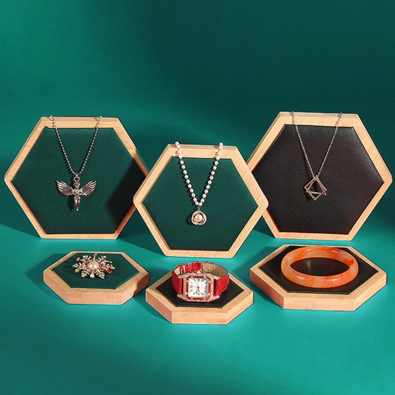 Creative Hexagon Jewelry Display Plate Bamboo And Wood Jewelry Display Table Three-piece Set Jewelry Display Rack