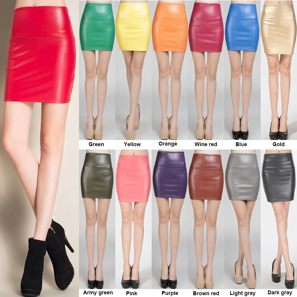 Mini Skirts Women Pencil Skirt Pu Leather High Waist Party Female Sexy Short Woman Bodycon Saias Feminina 20 Candy Colors Skirt