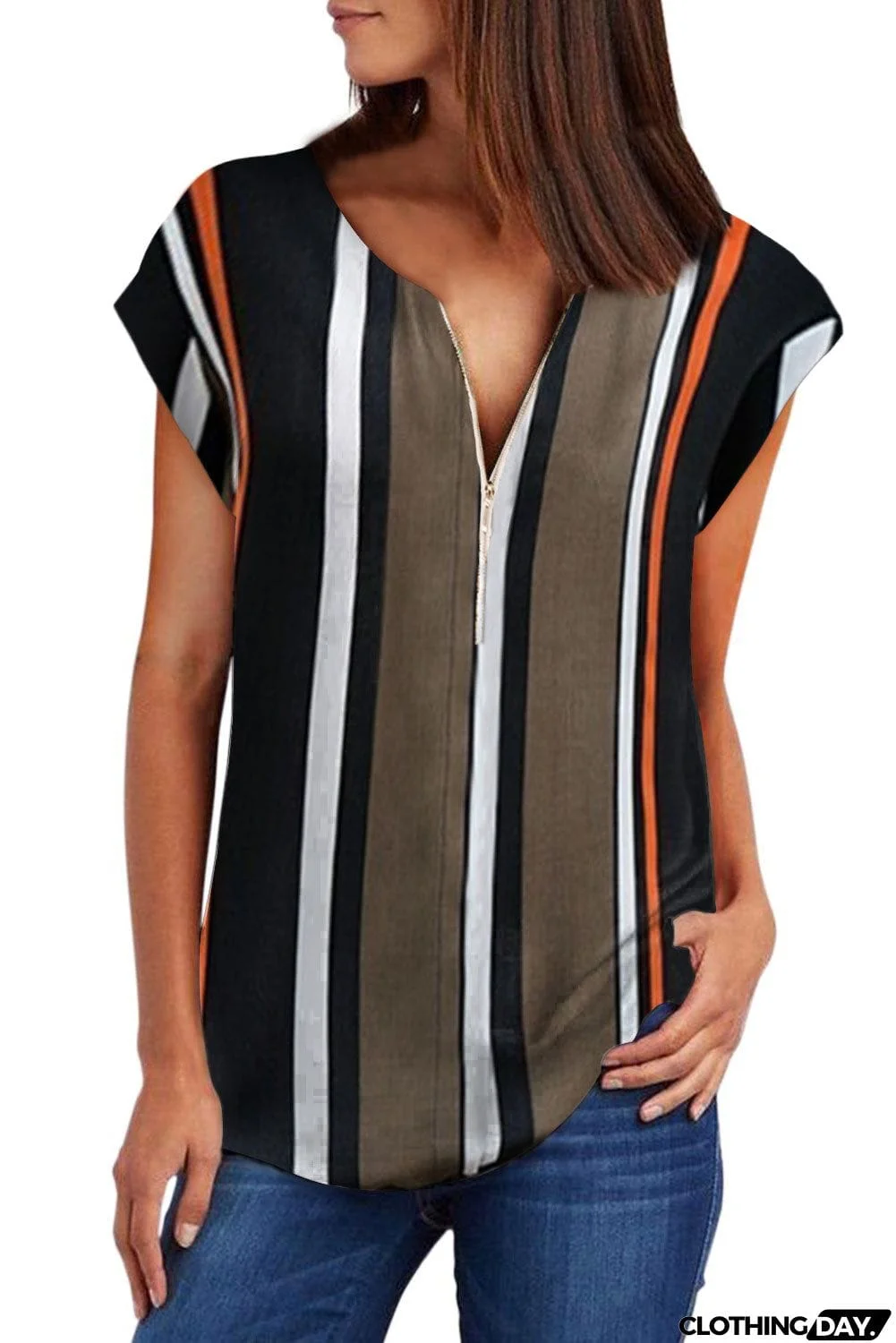 V Neck Stripes Roll up Short Sleeve Zip Up Blouse