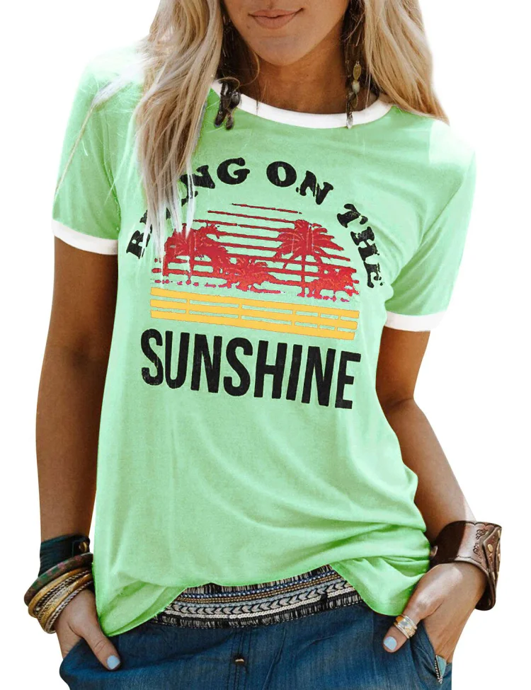 Women Tops Sunshine Coconut Tree Print Round Neck Short-sleeved T-shirt