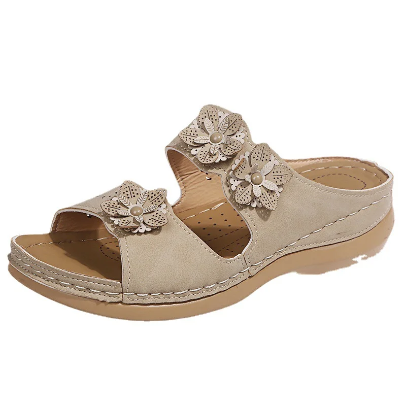 Qengg Summer New Flower Car Sewing Solid Light Mouth Round Head Casual Fashion Lady Flat Sandals