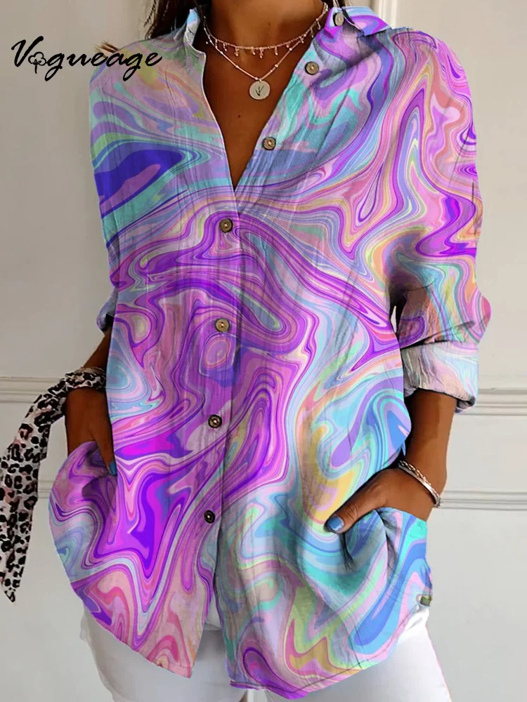 Bright Purple Visual Flow Gradient Color Long Sleeves Printed Cotton And Linen Shirt
