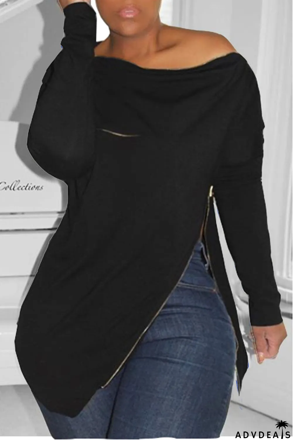 Burgundy Casual Solid Split Joint Asymmetrical Zipper Zipper Collar Tops