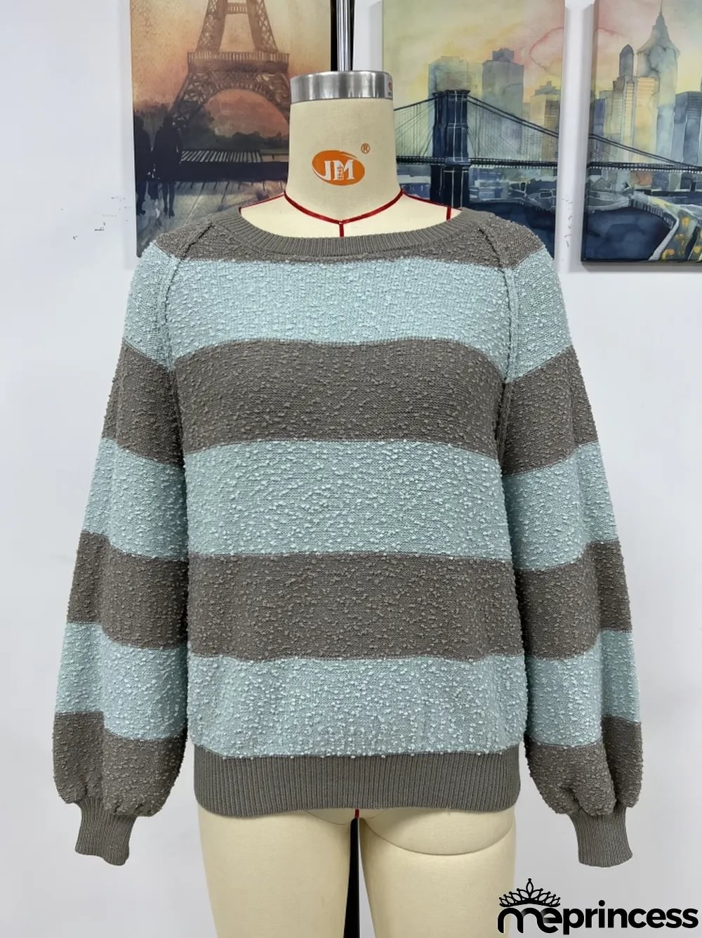 Winter women's Patchwork striped knitting shirt pullover loose sweater women
