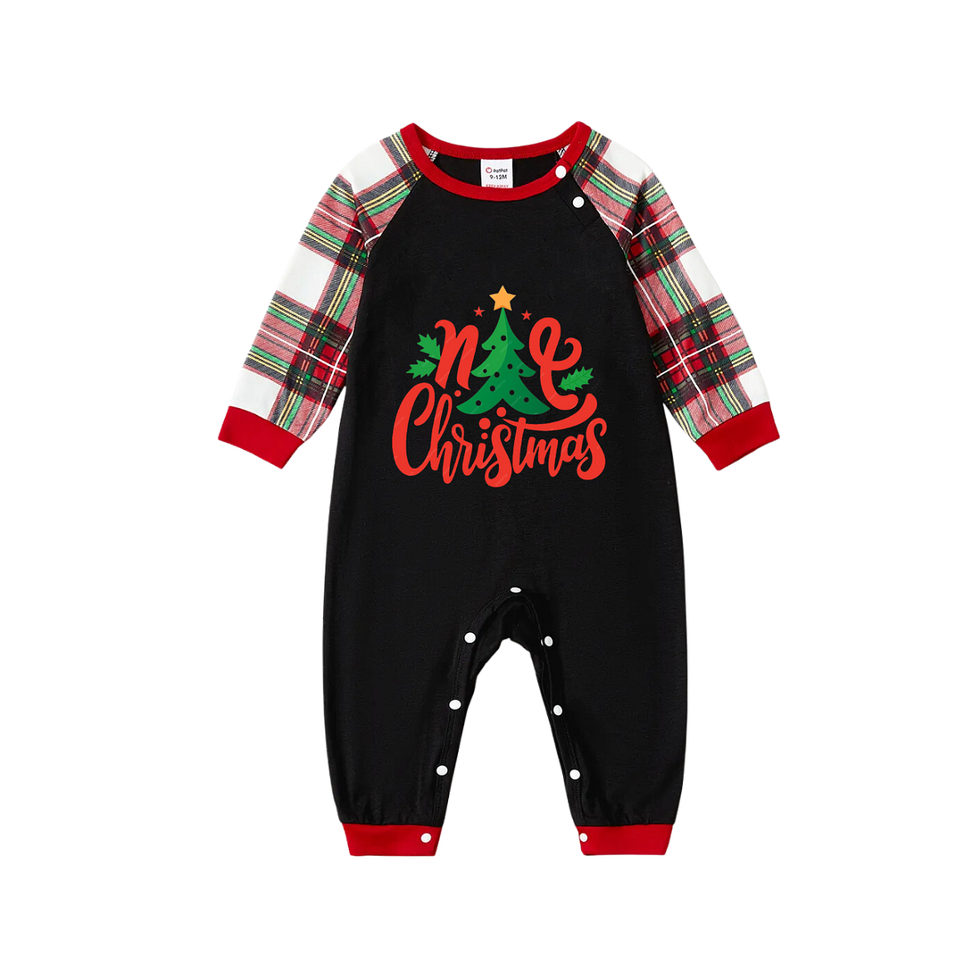 Christmas Tree with Stars and Colorful Pattern Black Top with Red & White & Green Plaid Pants Family Matching Pajama