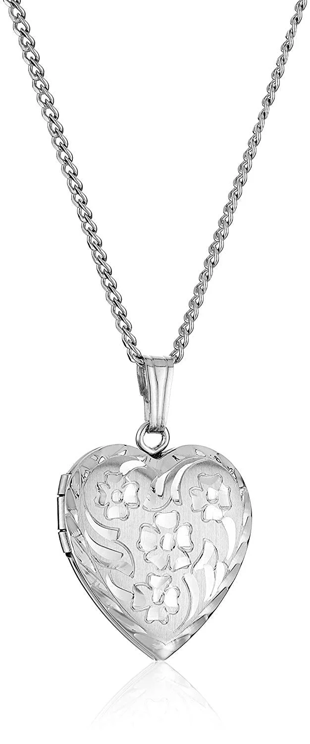 Sterling Silver Engraved Flowers Heart Locket Necklace, 18"