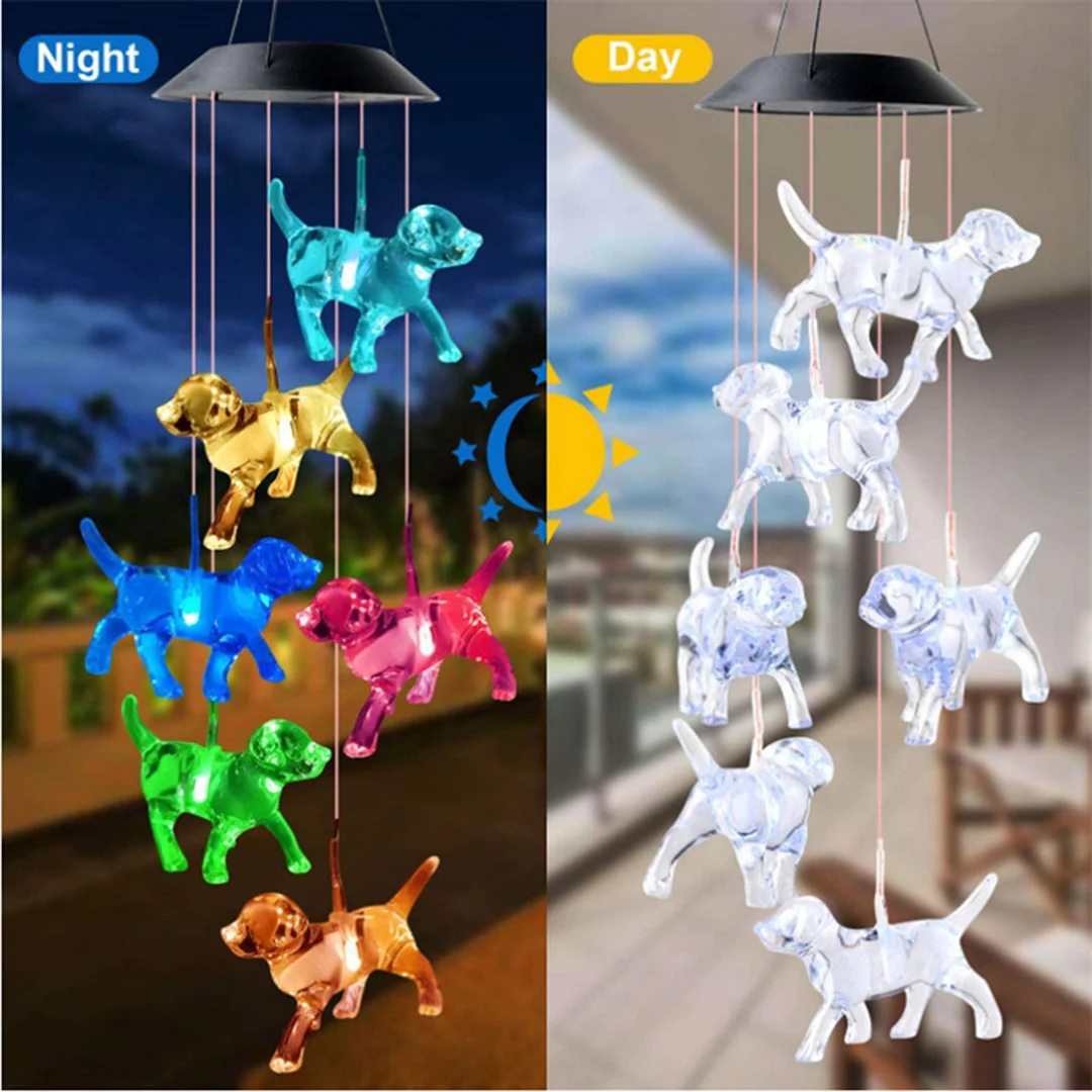 LED Solar Wind Chimes Color Changing Dog Hanging Decor for Yard Garden