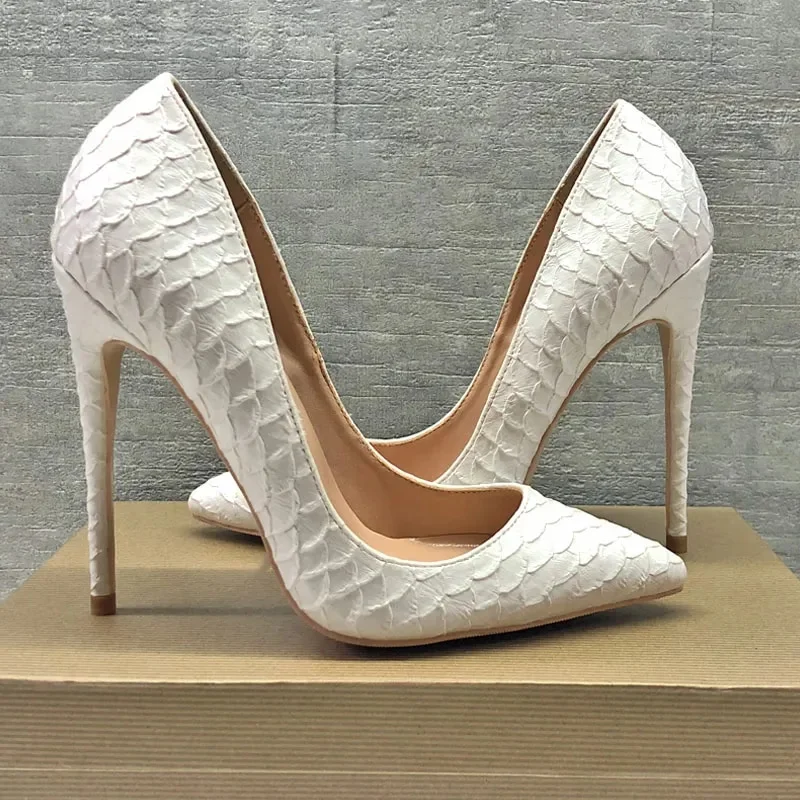 Breakj White Crocodile-Effect Women Sexy Pattern Stiletto High Heels 12cm 10cm 8cm Customize Lady Pointy Pumps Chic Party Shoes
