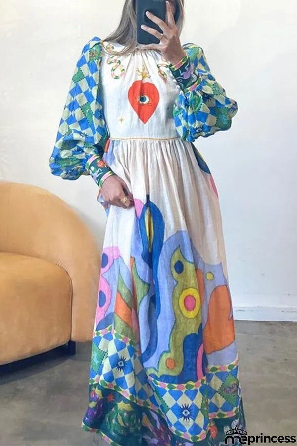 Dear To My Heart Unique Print Lantern Sleeve A-line Midi Dress