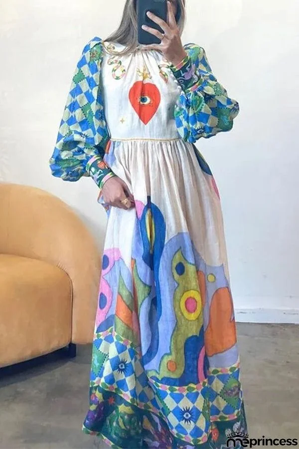 Dear To My Heart Unique Print Lantern Sleeve A-line Midi Dress