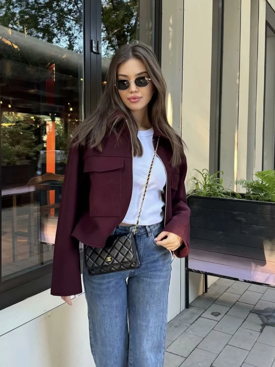 Nigikala Nigikala Autumn Fashion Wine Red Big Pocket Zipper Hair Coat Women's Clothing B88782