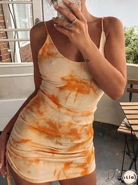 Drawstring Style Halter Tie-dye Straps Dress