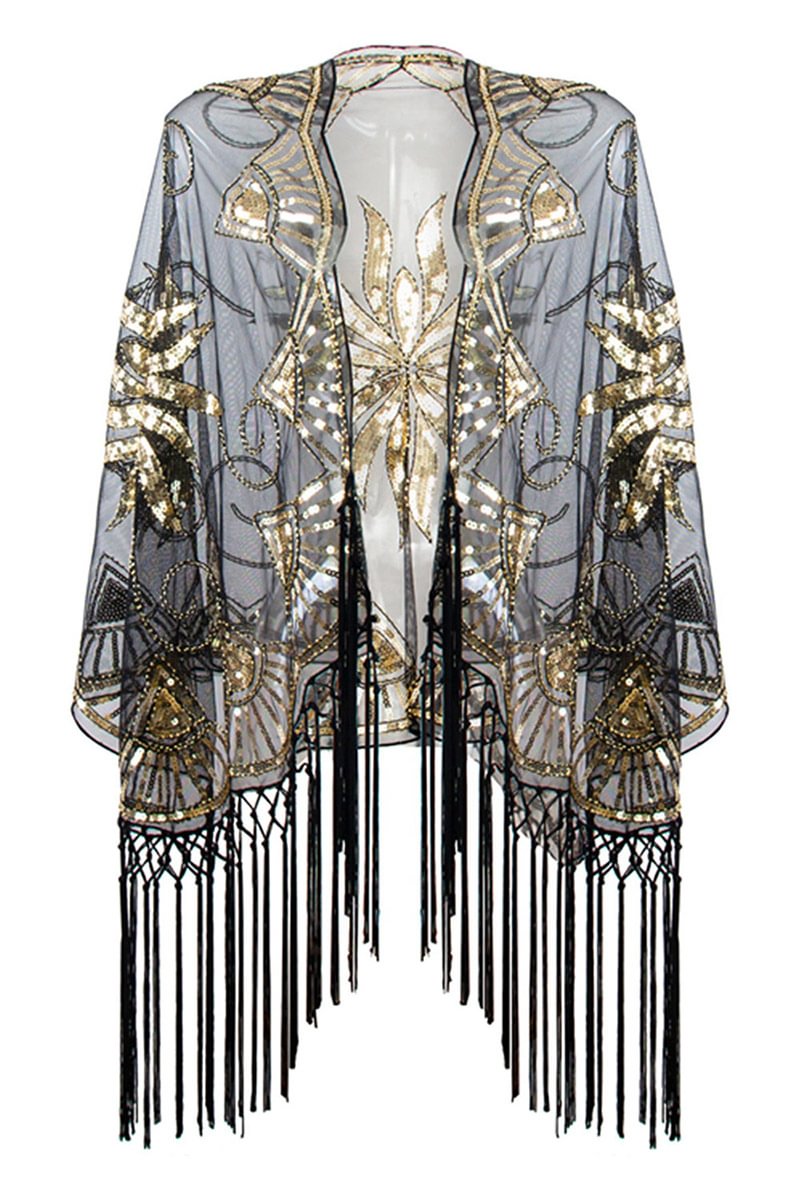 1920s Party Black Gold Sequin Fringe Embroidery Cape