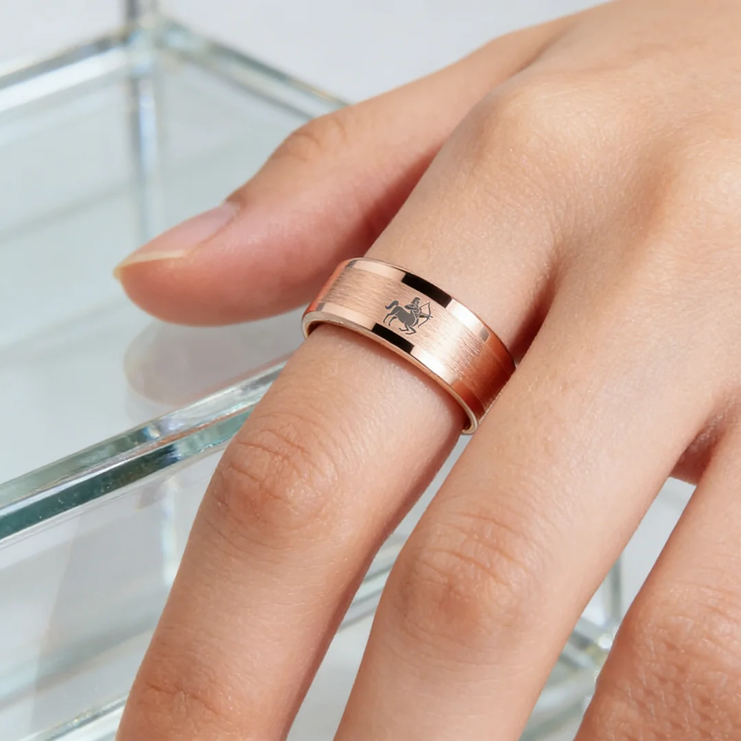 Beveled Edges Rose Gold Laser Etched Tungsten Carbide Band Rose Gold Sagittarius Couple Wedding Rings 4MM 6MM 8MM