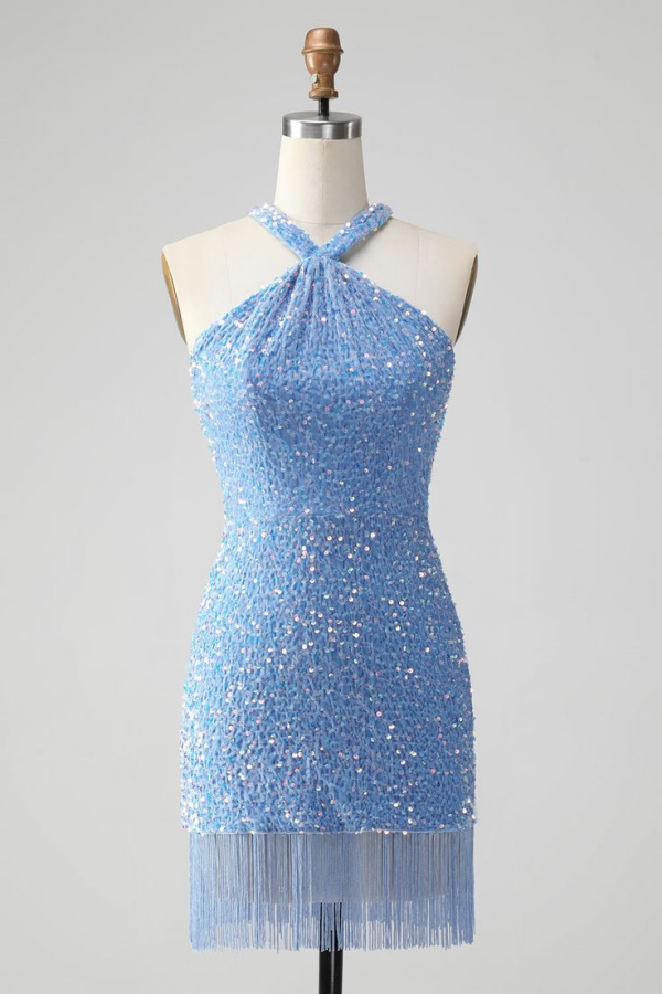Halter Sequin Tassel Mini Homecoming Dress