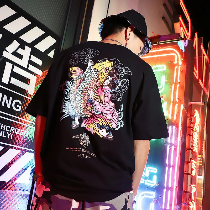 Summer new products original tide brand men's short-sleeved t-shirt color fish print hip-hop short-sleeved men and women Techwear Shop