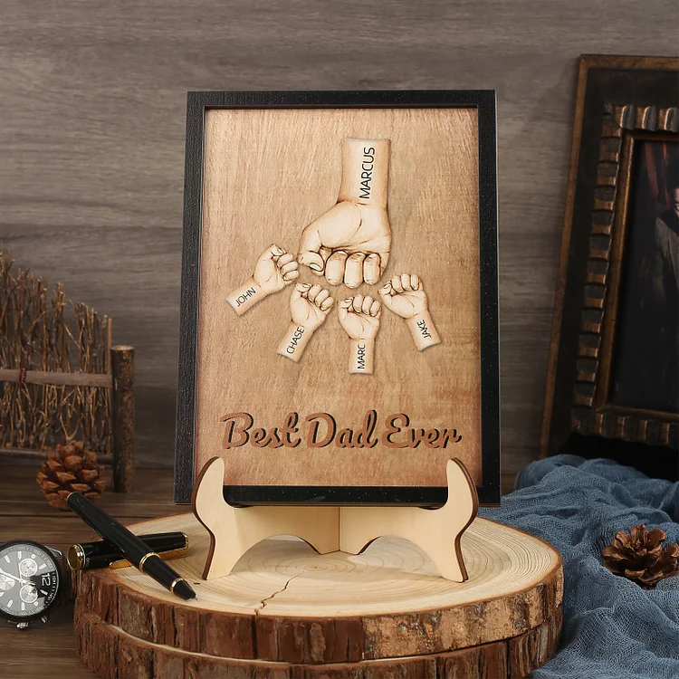 5 Names-Personalized Fist Bump Frame Wooden Ornament Engage Text Home Decoration for Father/Grandpa