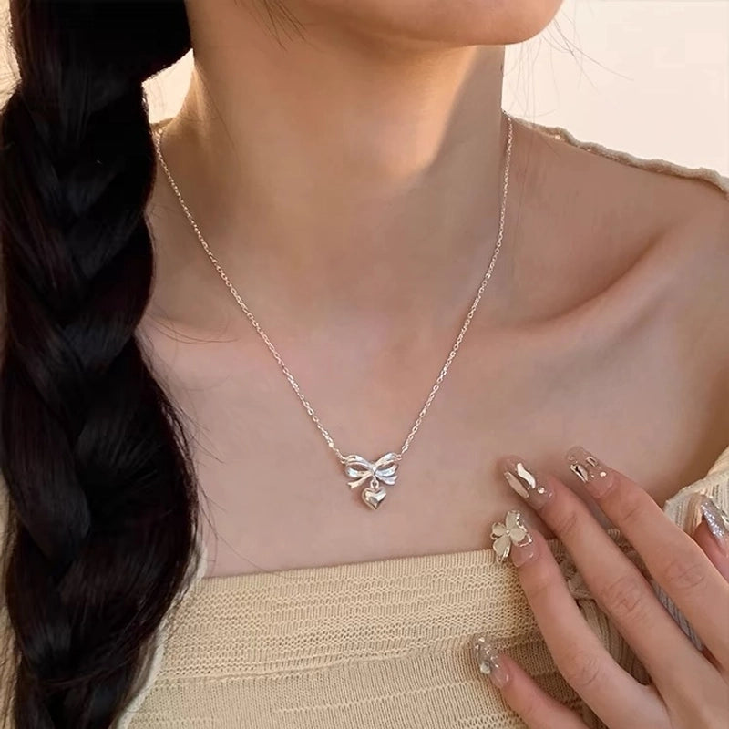925 Sterling Silver Plating Bow Knot Pendant Necklace
