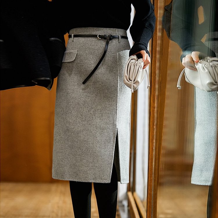 Gray Slit Elegant Solid Skirts