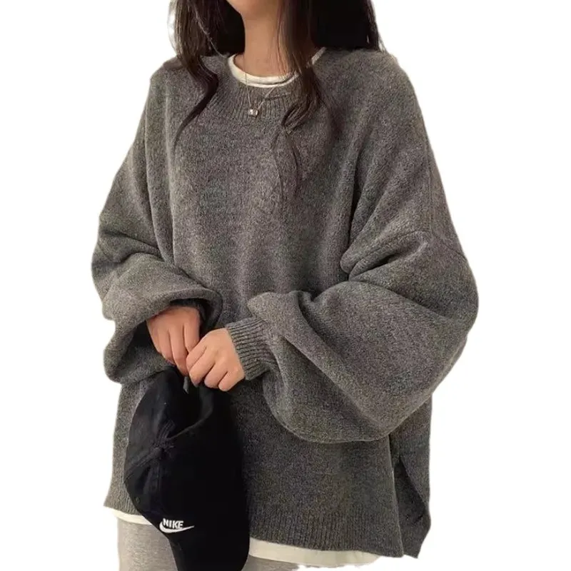 Churchf Churchf Chic Autumn And Winter French Lazy Wind Round Collar Side Open Fork Loose Casual Versatile Long Sleeve Warm Knit Sweater