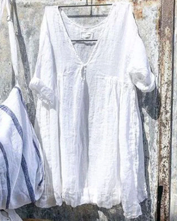 Solid Linen Cotton Loose V Neck Shirt&Top-nanadresses
