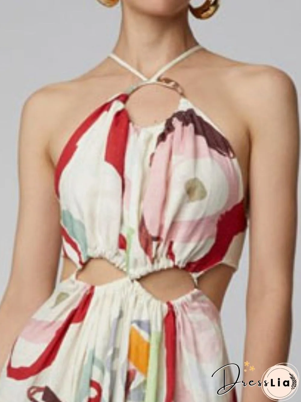 New Ladies Halter Neck Slim Fit Swing Print Fit Flared Skirt Beach Style Ladies Fashion Long Dress Sexy Nightclub Party Dress