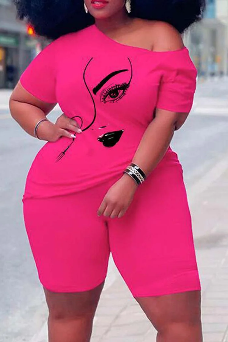 Plus Size Magenta Casual One Shoulder Short Sleeve Graphic Print Two Pieces Short Set