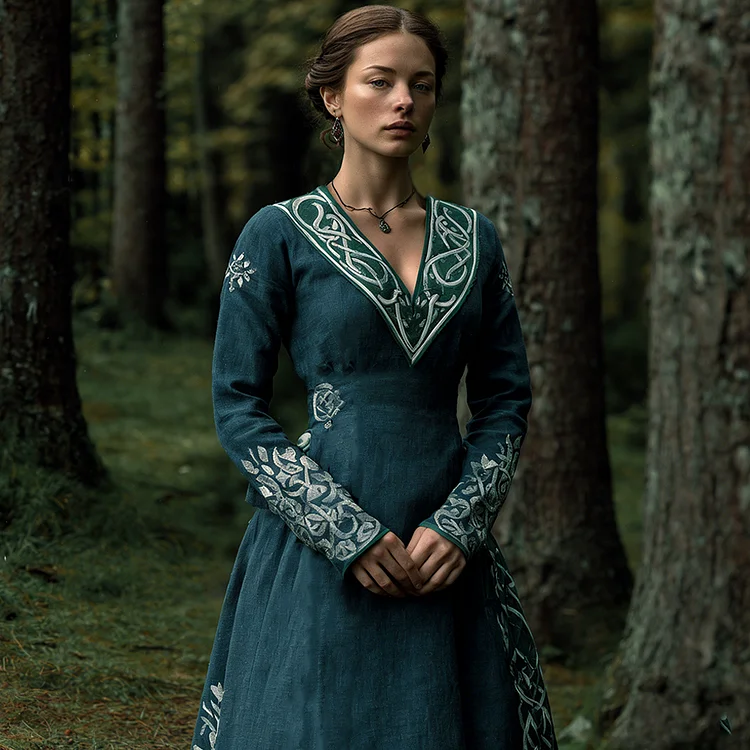 Vintage Viking Celtic Knot Women's V-neck Linen Dress