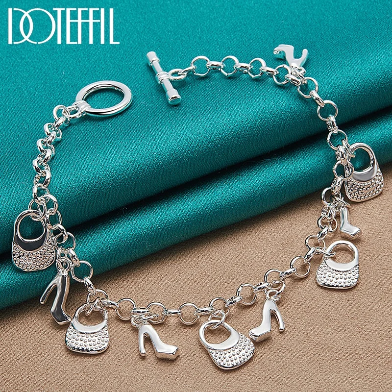 925 Sterling Silver High Heels Bag Pendant Bracelets Chain For Women Jewelry