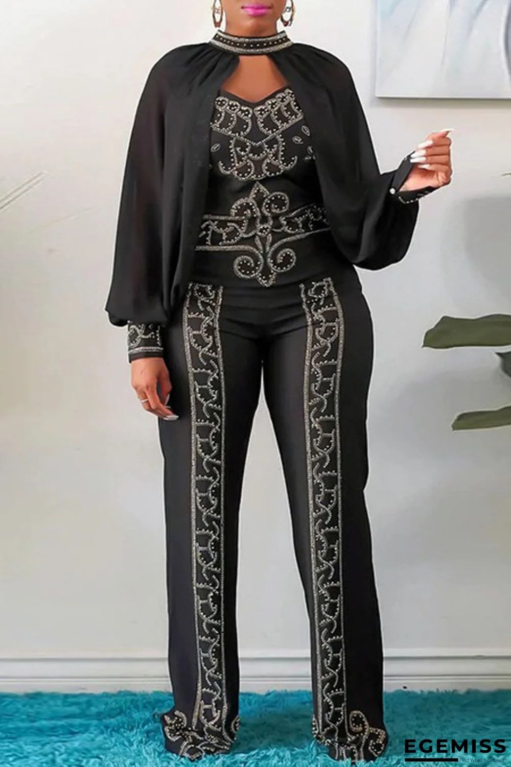 Black Elegant Solid Patchwork Hot Drill O Neck Long Sleeve Three Pieces | EGEMISS