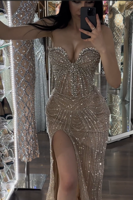 Hidais Sleeveless Strapless Beading Mermaid Long Prom Dress With High Split