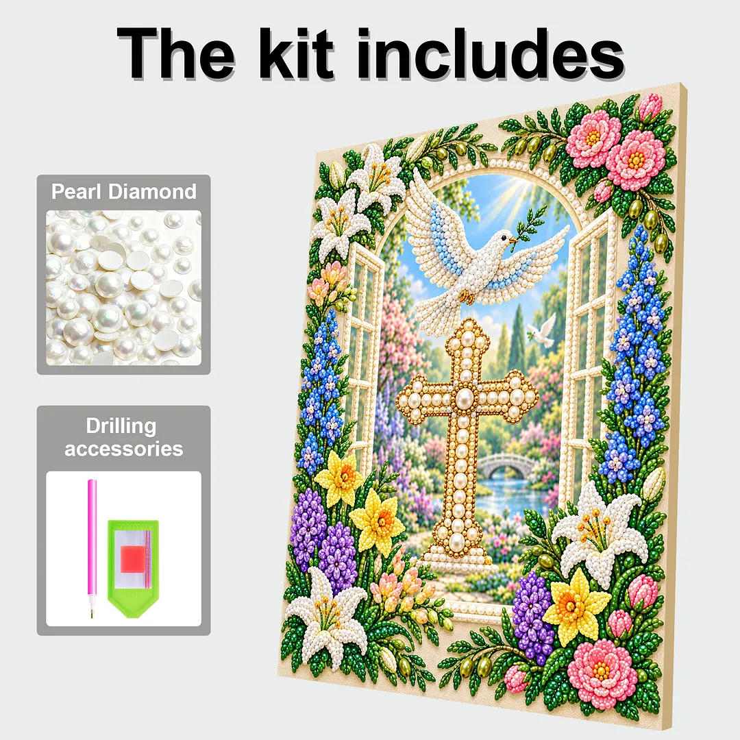 Pearl Painting Kit for Adults Cross Dove Floral with Frame 11.81x15.75in