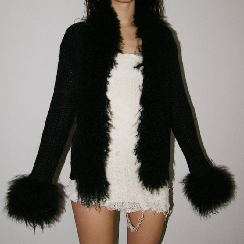 Xingqing Black Solid Knitted Y2K Cardigan Fur Trim Elegant Fashion Sweaters Women Long Sleeve Slim Autumn Winter Jackets Outwear