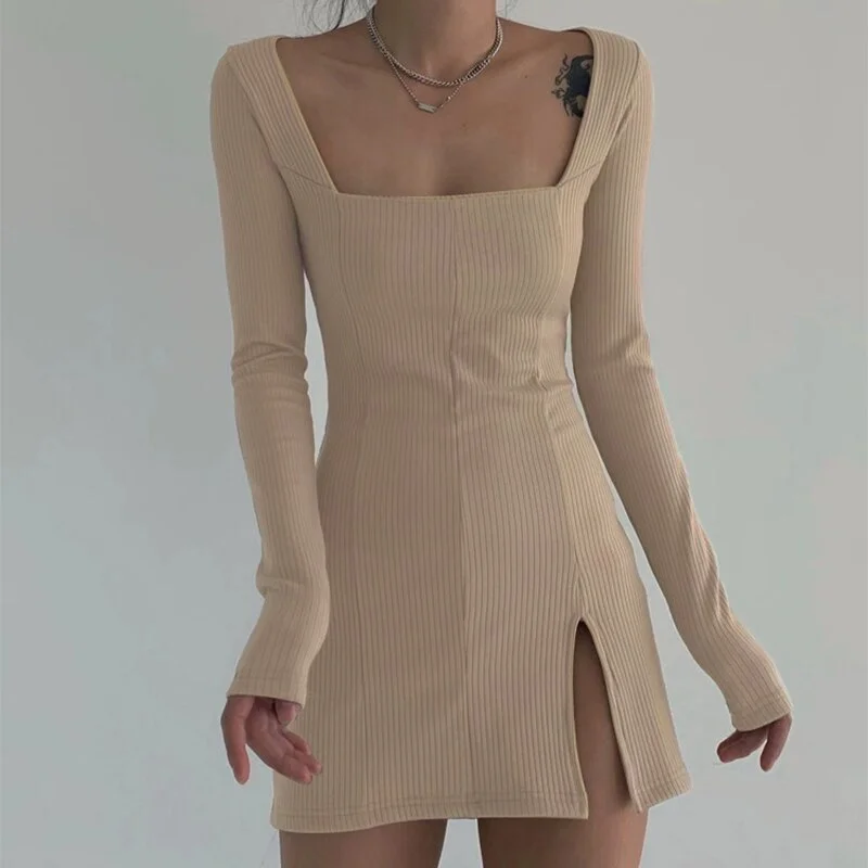 HEYounGIRL Split Side Solid Bodycon Mini Dress Women Square Collar Ribbed Casual Short Dresses Ladies Long Sleeve Korean Fashion