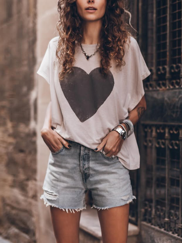 Love Heart Printed Retro Comfortable Ladies Short Sleeve tjj Shicloths