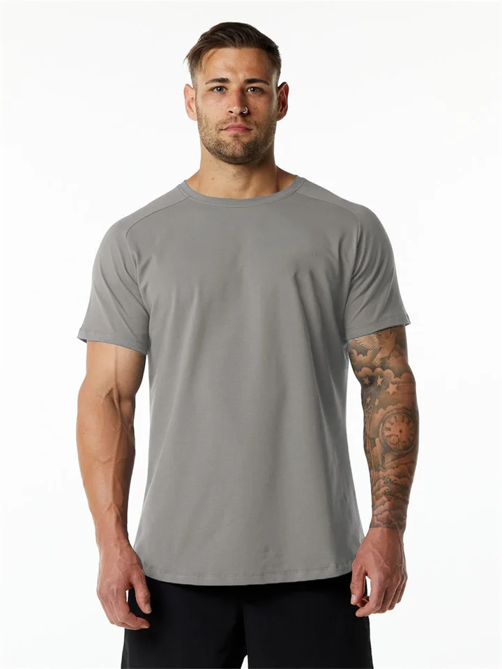 Summer Large Size Sports Fitness Short Sleeve Men's Cotton Round Neck Solid Color Casual Workout T-Shirt Black White Gray-Cosfine