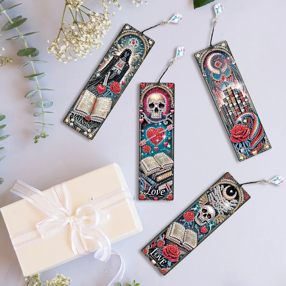 4Pcs Skull Heart Themed DIY Diamond Painting Bookmark for Reading Enthusiasts