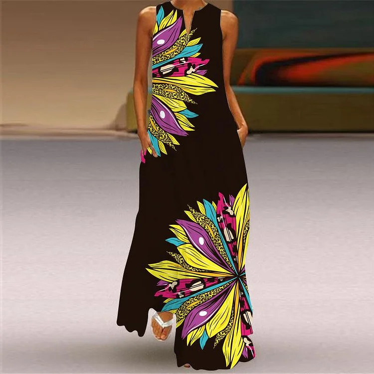 Vintage V-neck Printed Long Sleeveless Dress-Mayoulove