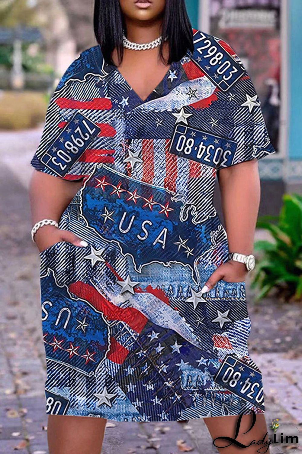 Blue Casual Print Patchwork Basic V Neck Short Sleeve Dress