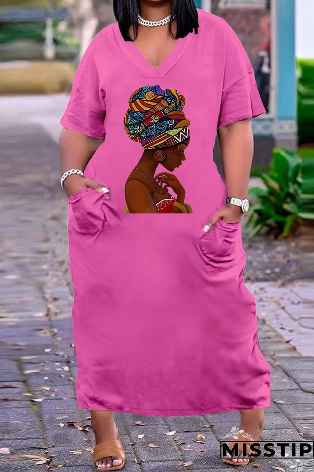Rose Brown Fashion Casual Plus Size Print Basic V Neck Short Sleeve Dress