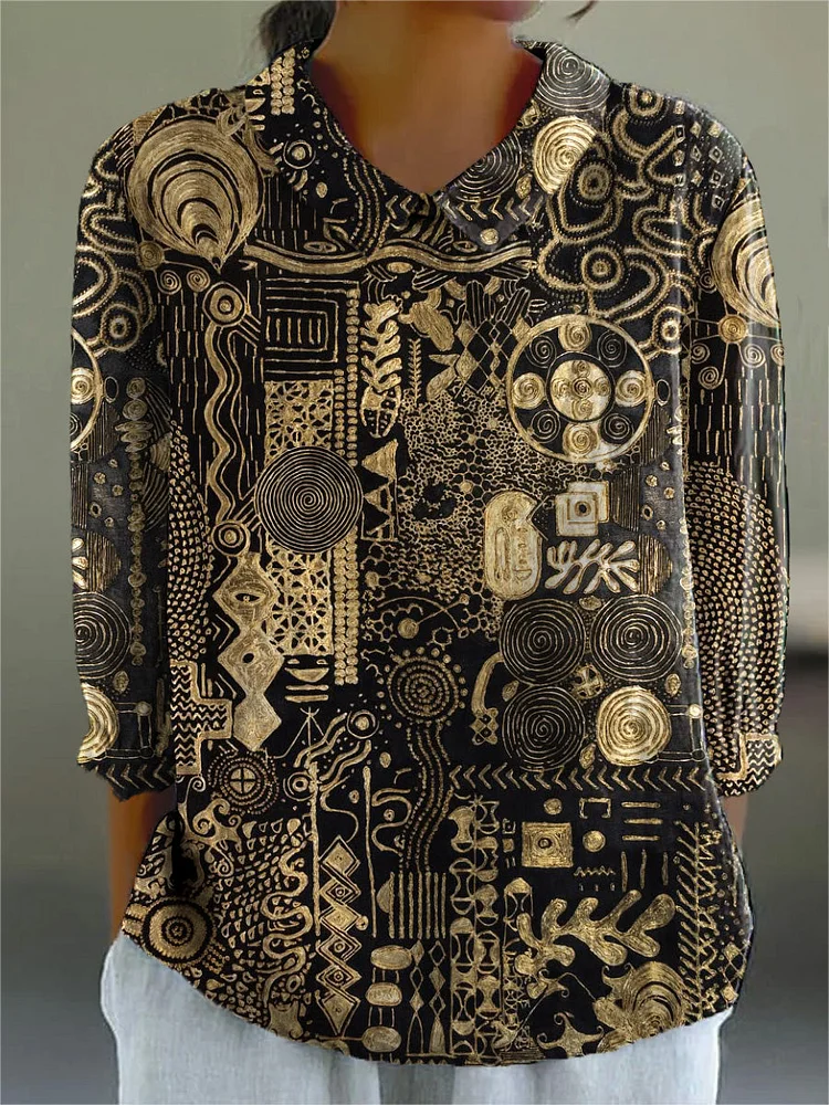 Vintage Gold And Black Geometric Pattern Printed Women's Casual Cotton And Linen 3/4 Sleeve Shirt