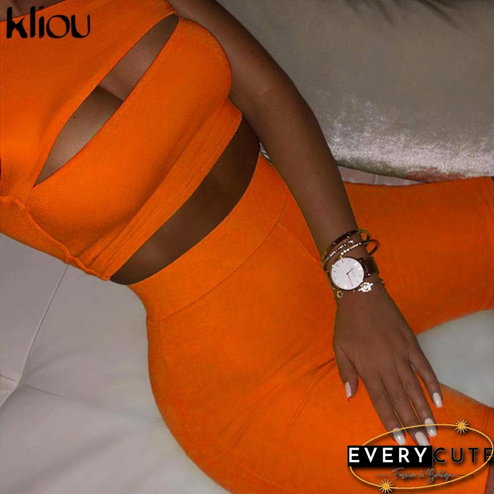 Kliou Classic Women Neon Color Two Pieces Set Off Shoulder Hollow Out Crop Top Elastic