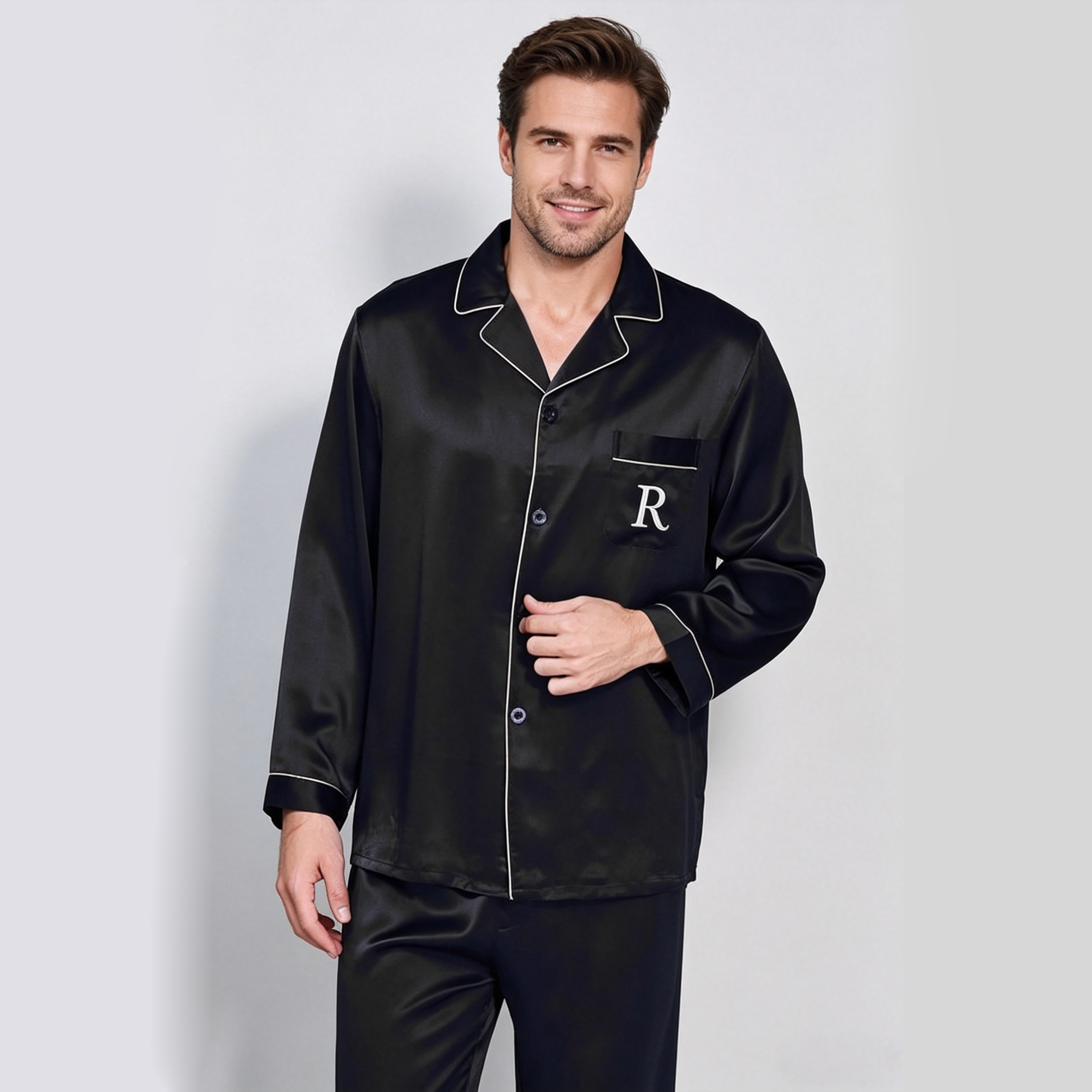 Monogrammed Silk Pajamas Men 22 Momme Mulberry Silk Matching Sleepwear Set REAL SILK LIFE