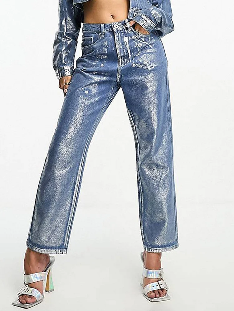 Fashion Silver Foil Straight Leg Denim Jeans