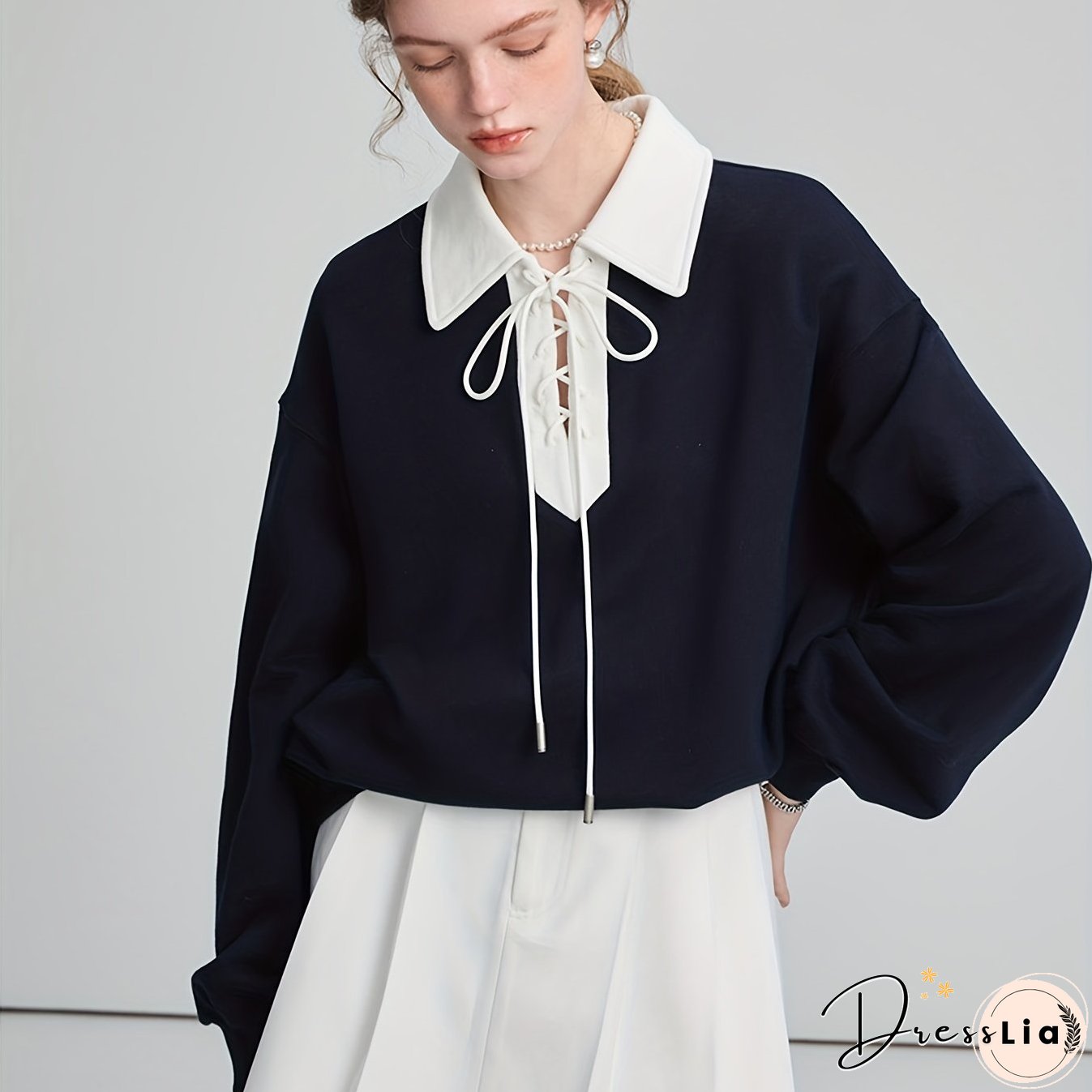 Lace Up Pullover Lapel Sweatshirt, Stylish Long Sleeve Sweatshirt For Fall & Winter, Women's Clothing